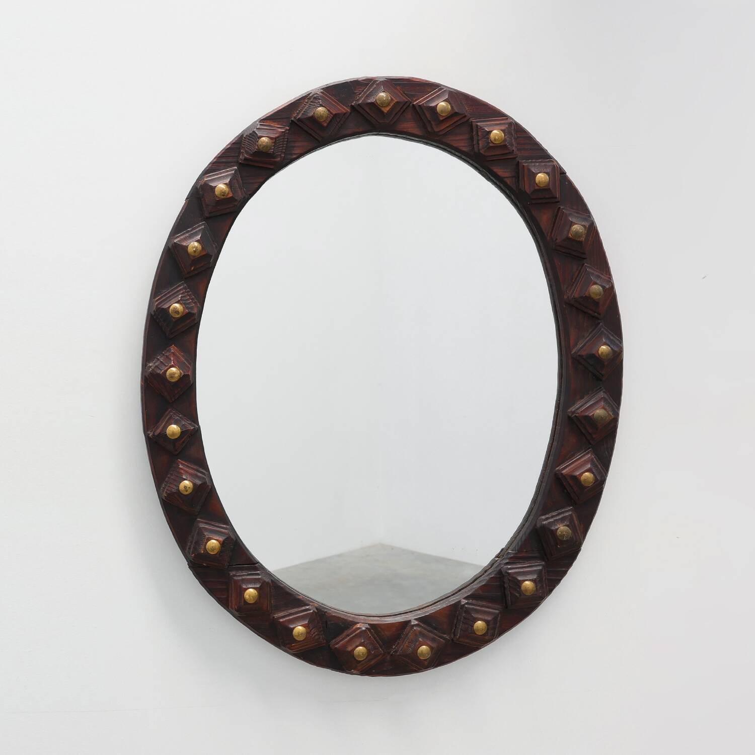 Spanish Brutalist Oval Mirror in Hand-Carved Wood with Brass Studs
