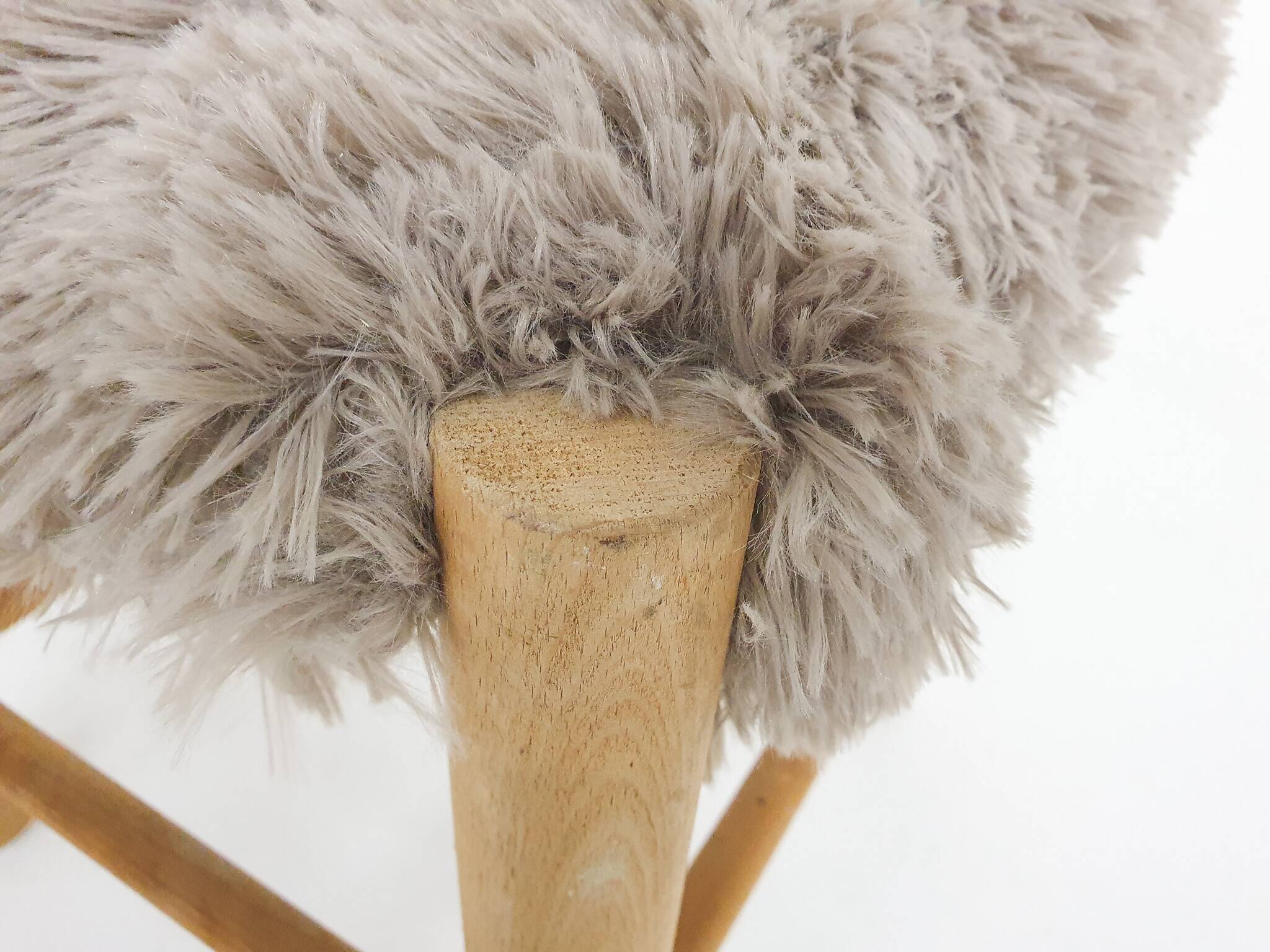 Mid-century wooden stool with fake-fur upholstery, Denmark 1960's