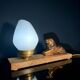 Art Deco lamp with marble, opaline globe & lion sculpture in spelter