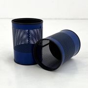 Blue perforated metal bin, 1980