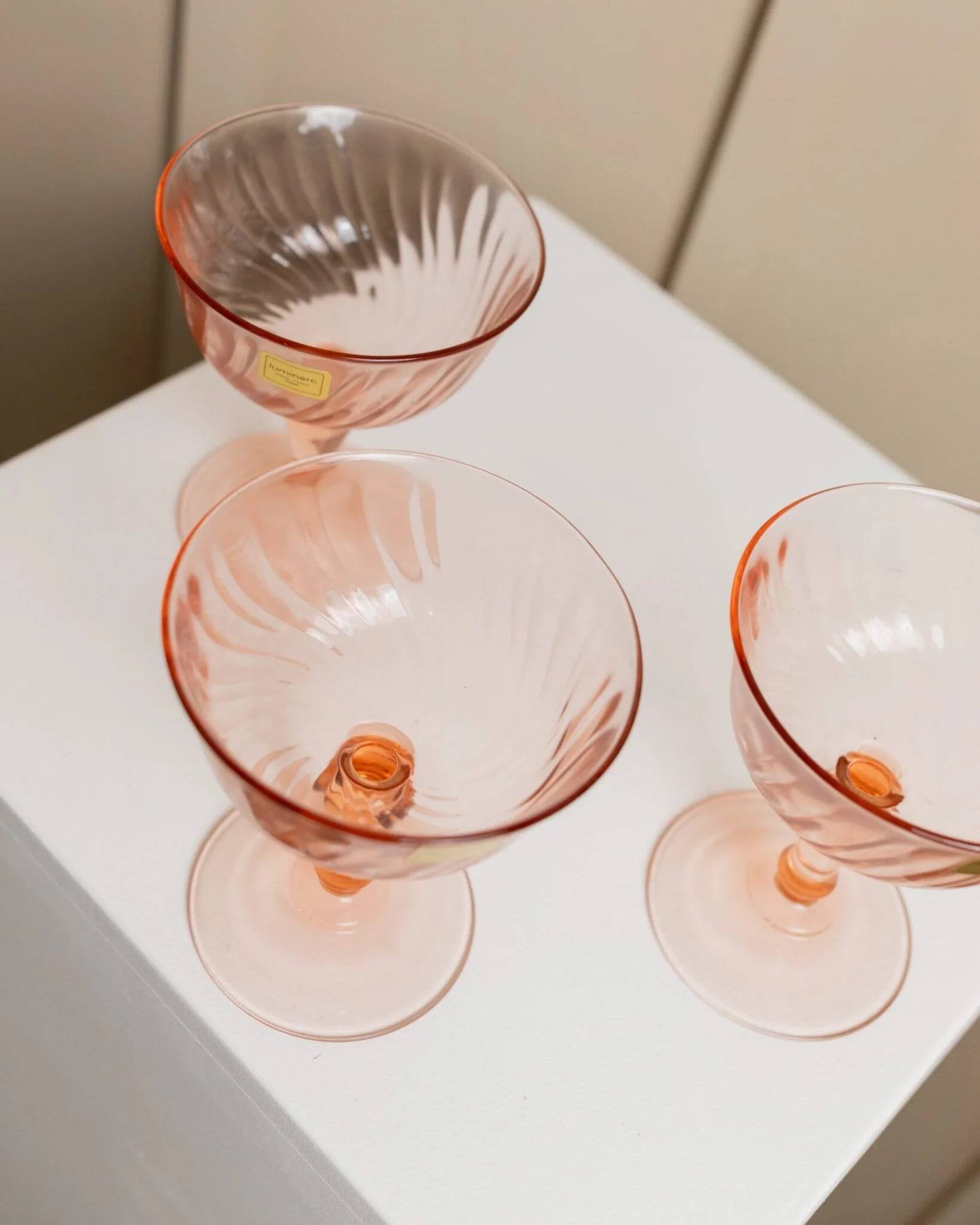 Set of 6 apricot Luminarc Rosaline coupe martini glasses in glass – vintage 1970s France with packaging