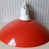 Italian pendant lamp rises & falls in red & orange lacquered metal, circa 1970
