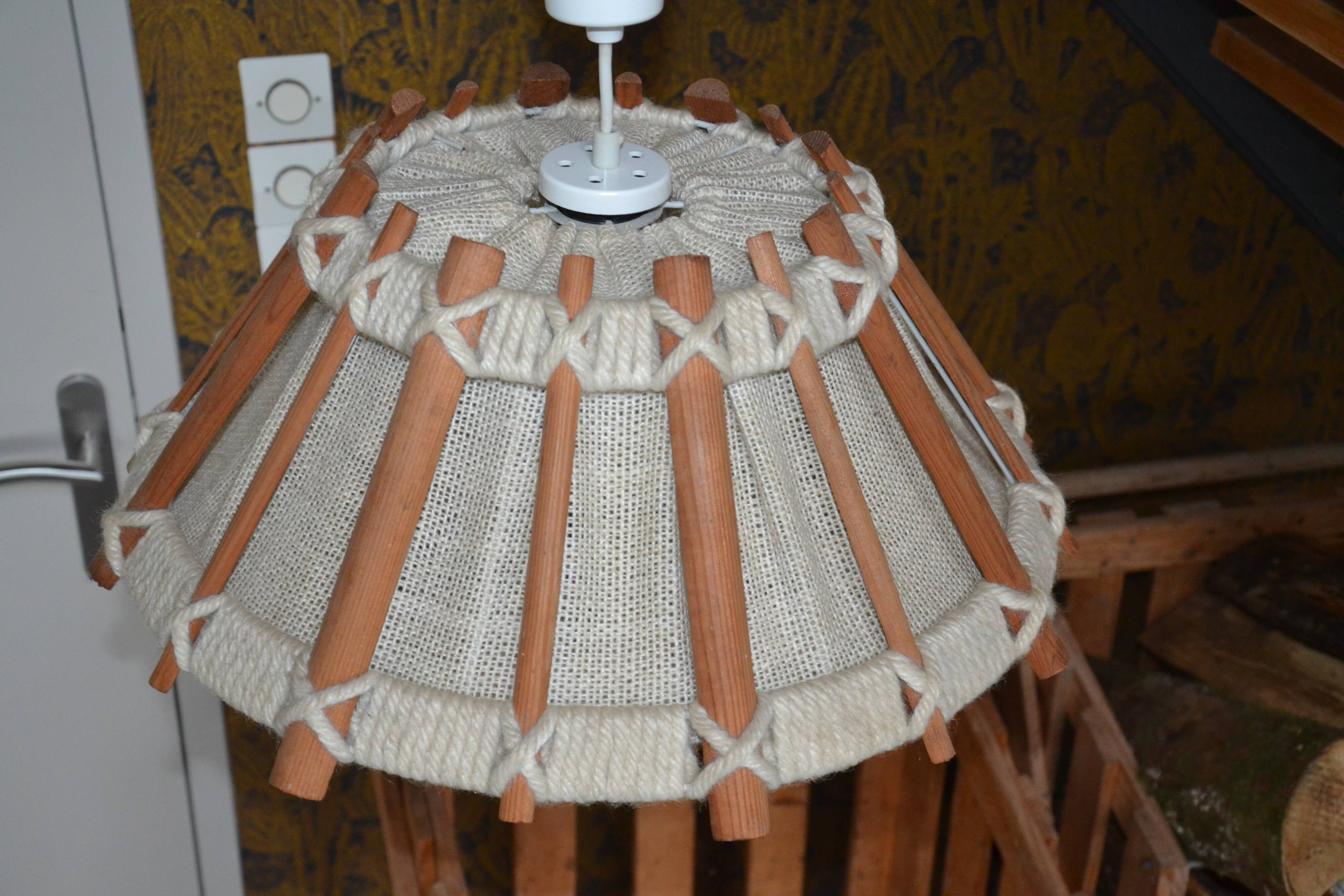 Scandinavian wooden and linen suspension from the GDR, 1970.