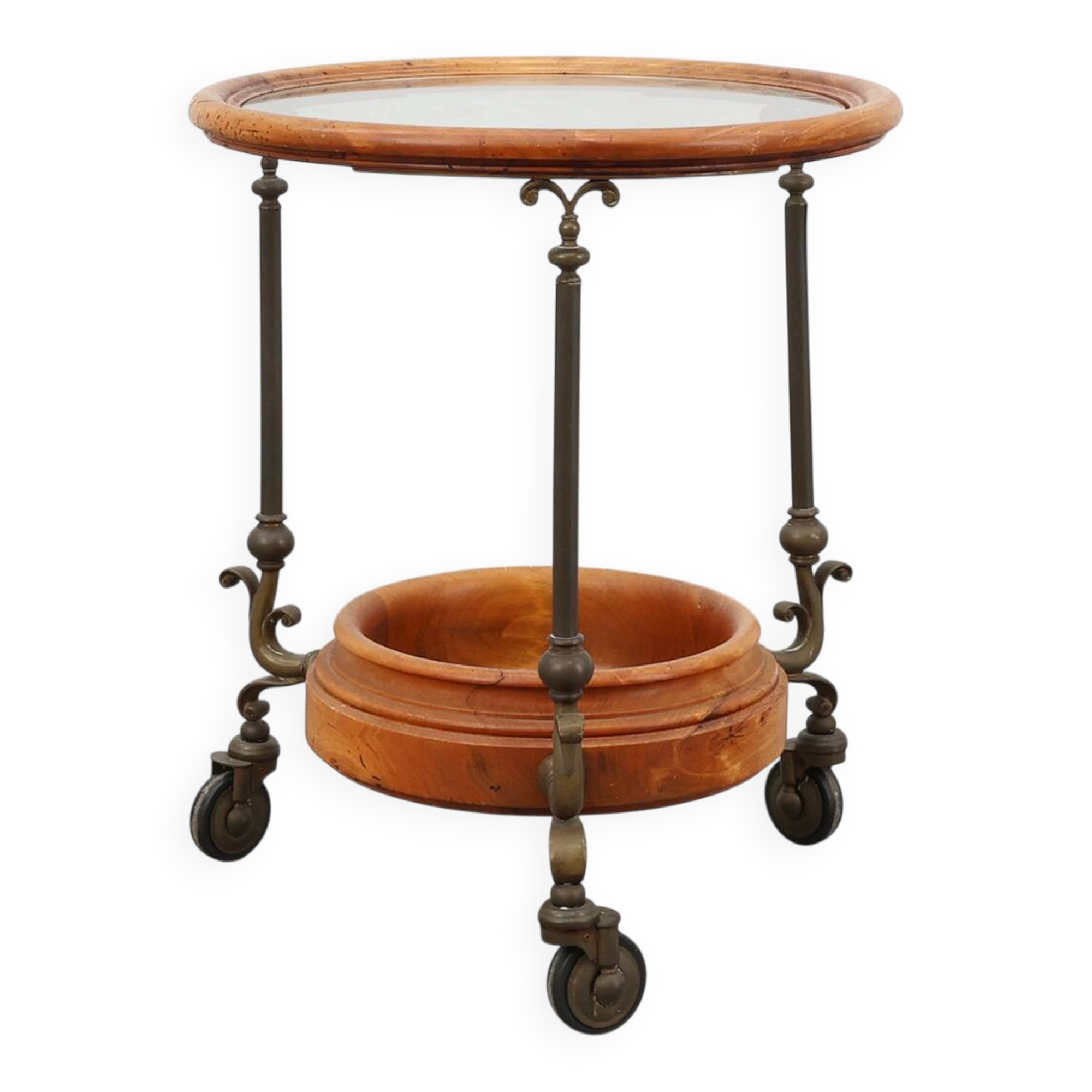 Rustic Copper and Walnut Serving Trolley with Glass Top, France ca. 1900