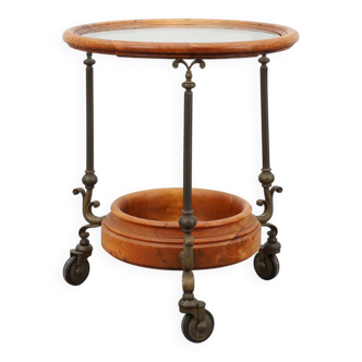 Rustic Copper and Walnut Serving Trolley with Glass Top, France ca. 1900
