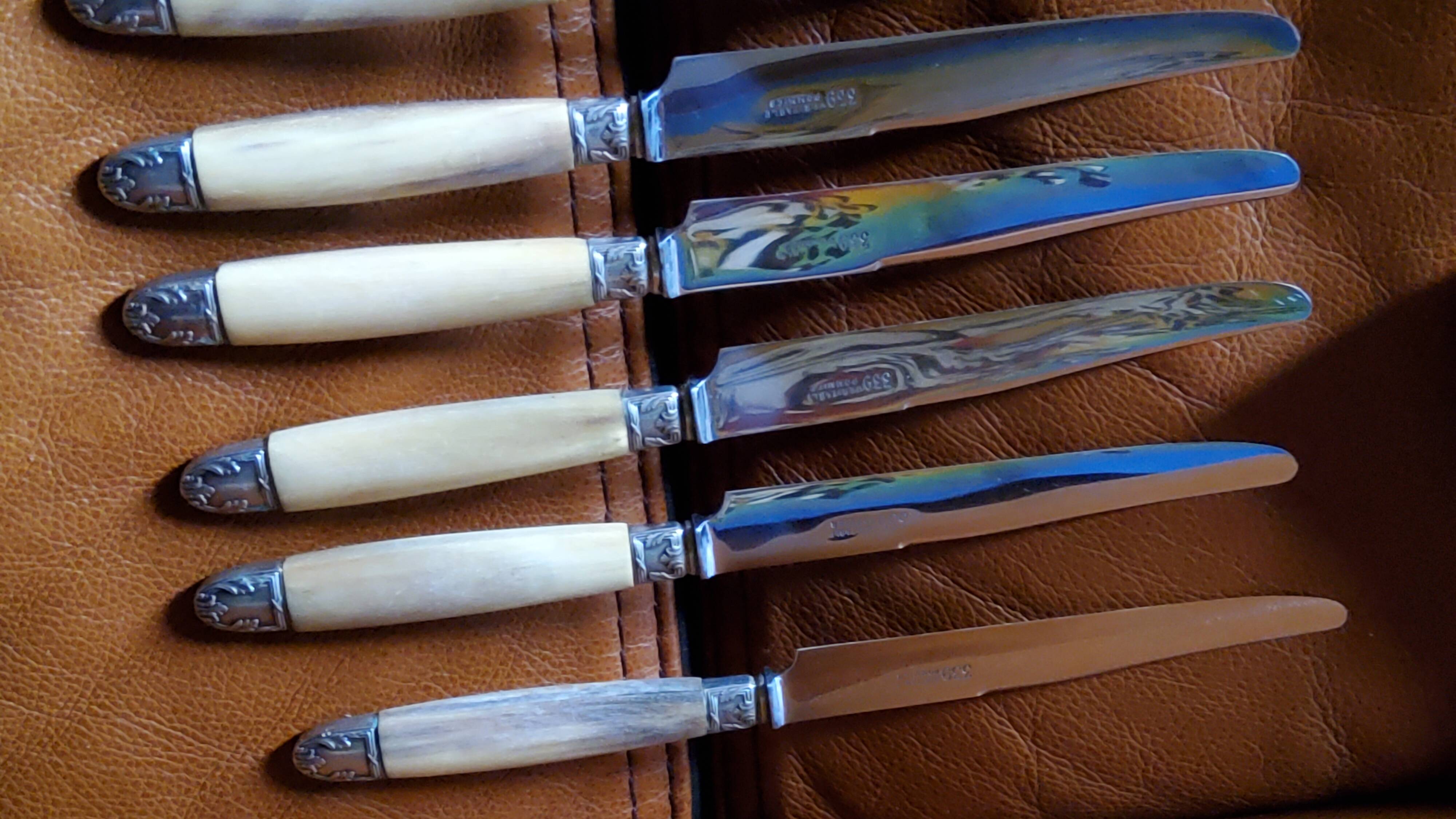 Box of 12 table knives goldsmith Apple handle horn and silver metal