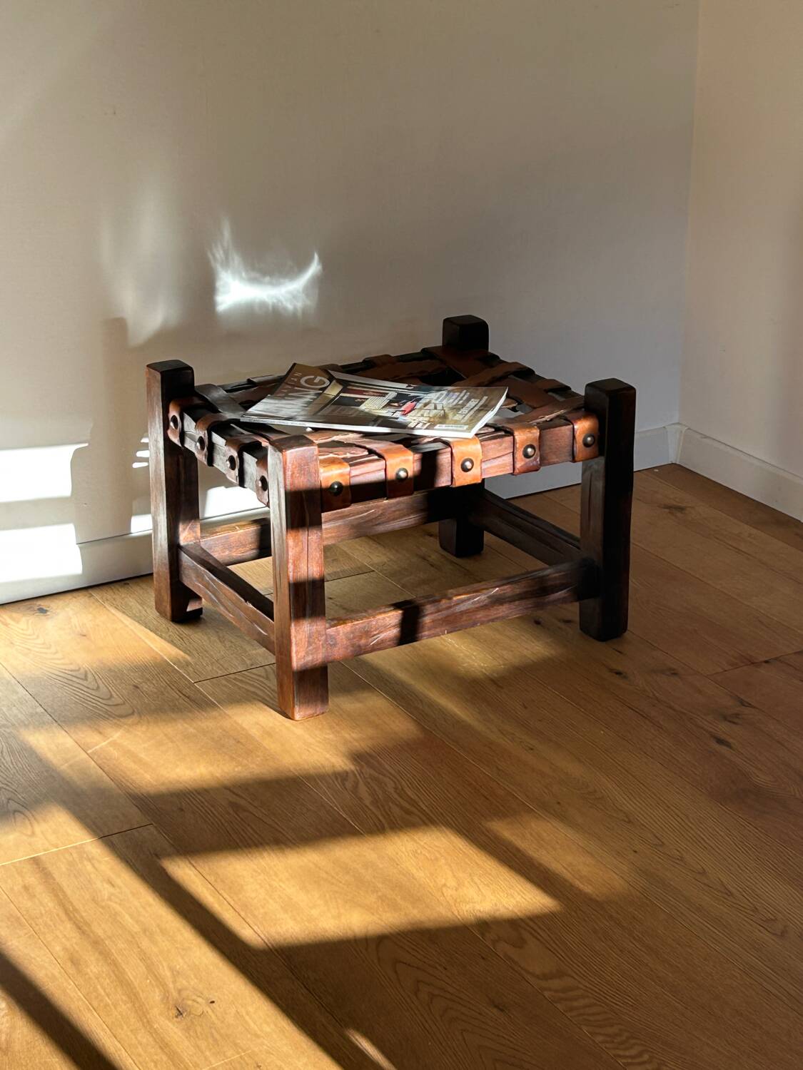 Wooden Brazilian Brutalist Leather Foot Stool Pouf