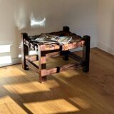 Wooden Brazilian Brutalist Leather Foot Stool Pouf