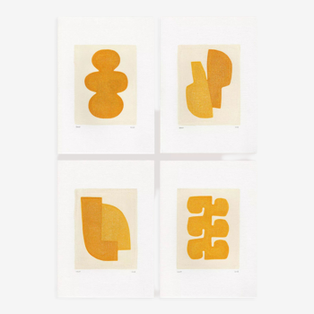 4 peintures sur papier - Illustrations abstraites jaunes orangées- signées Eawy