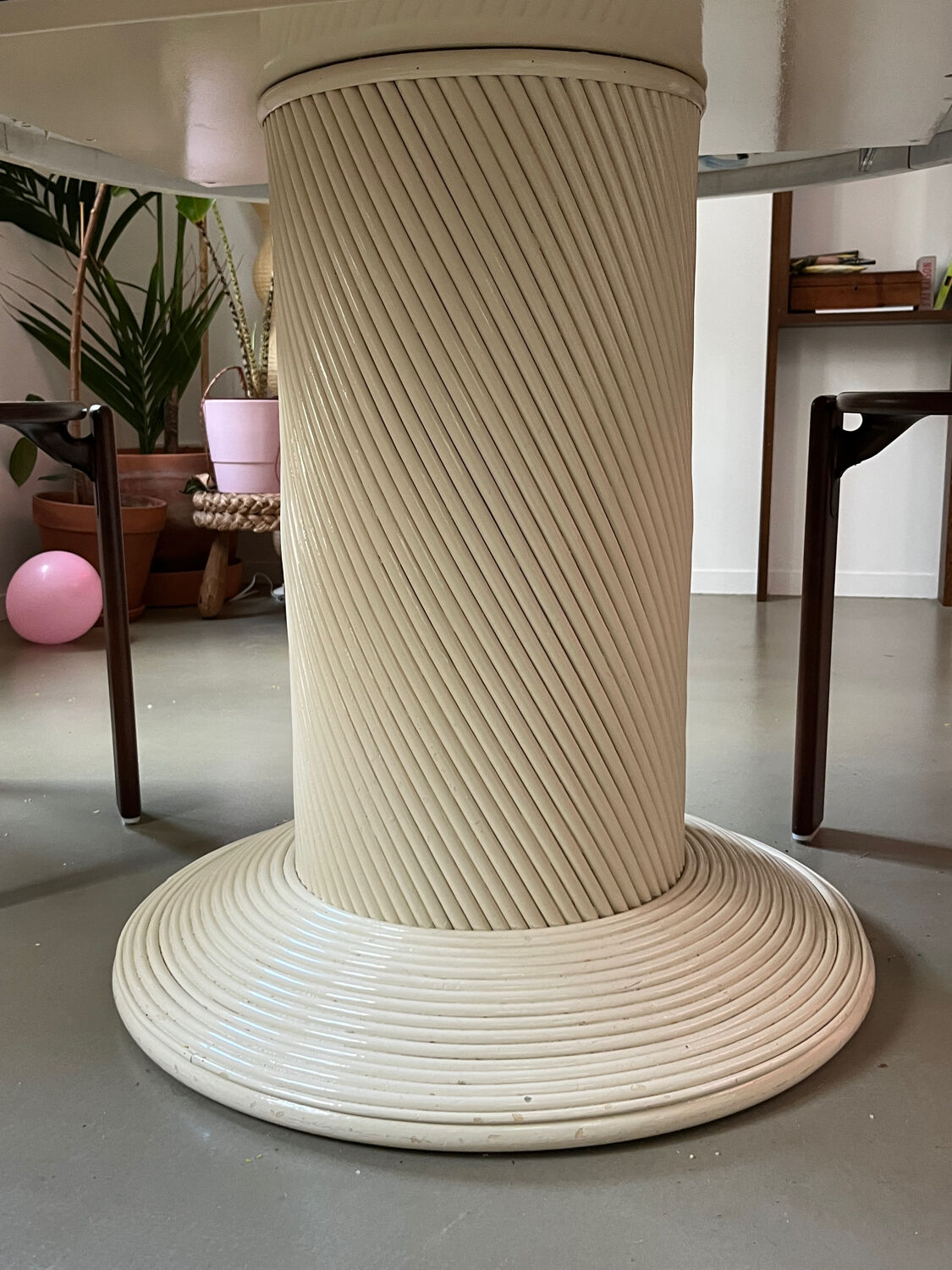 Vintage table, beige lacquered top and bamboo legs.