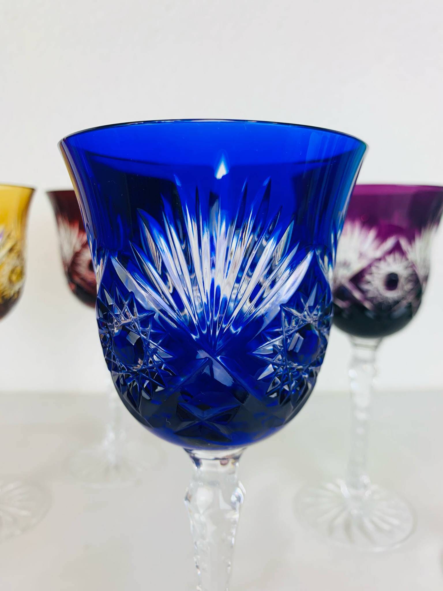6 handmade crystal stemmed glasses from Lorraine, multi-colored