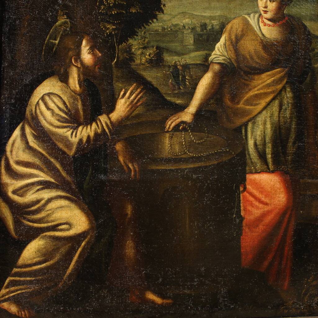 Peinture italienne antique Le Christ et la Samaritaine au puits