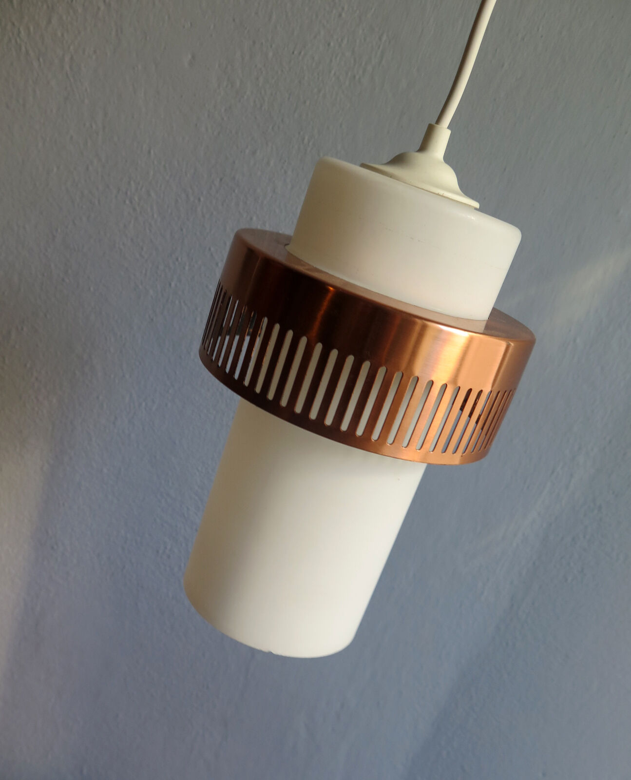 Opaline glass suspension lamp and copper metal ring, 1960s, 2 available