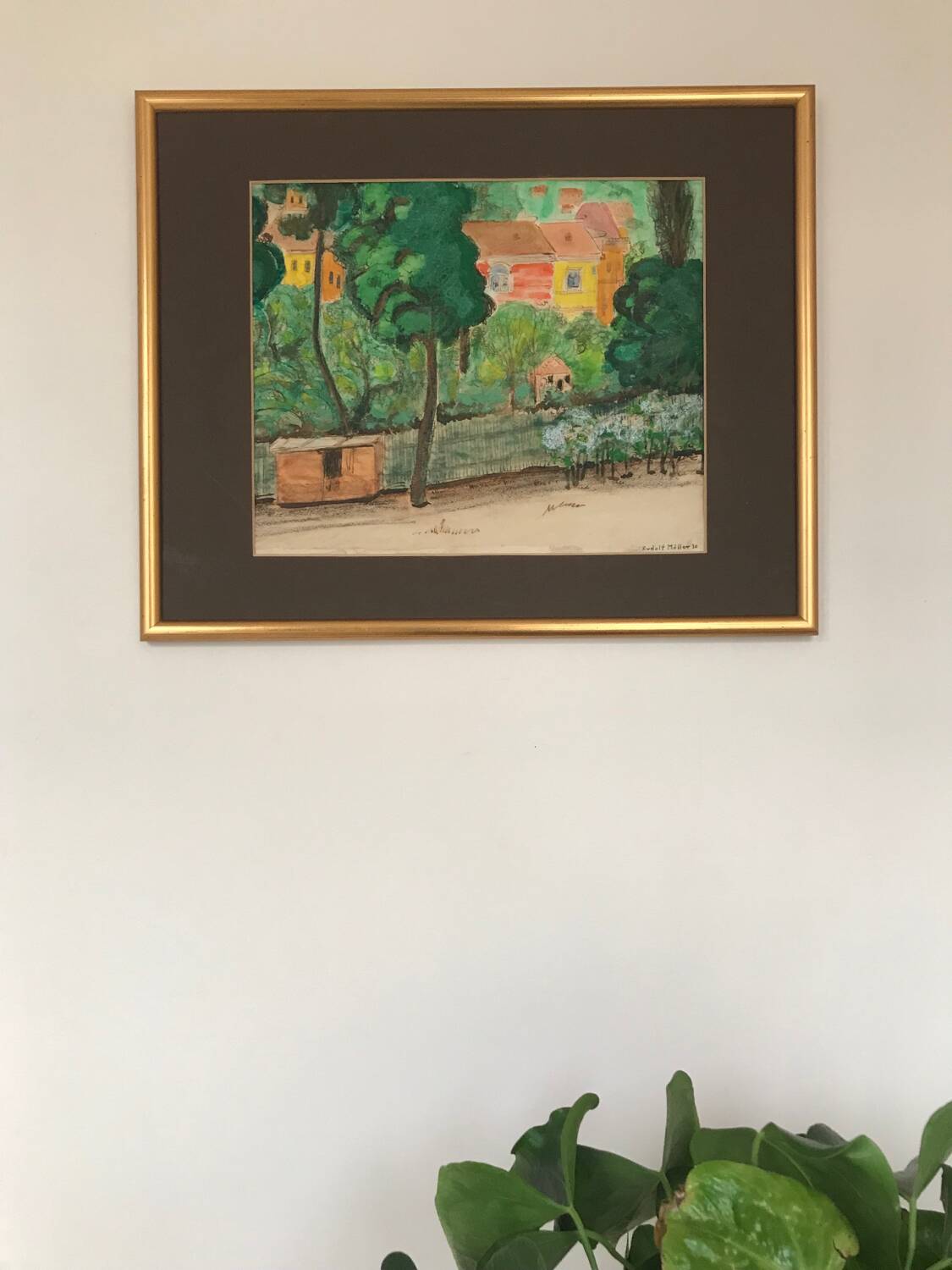 Rudolf möller 1881-1967. the houses, 1930. gouache. sbd. 30x40. frame