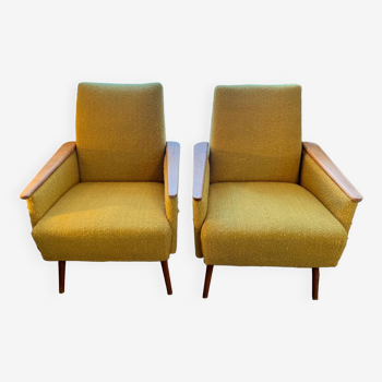 Magnificent pair of yellow loop fabric armchairs from the 60s