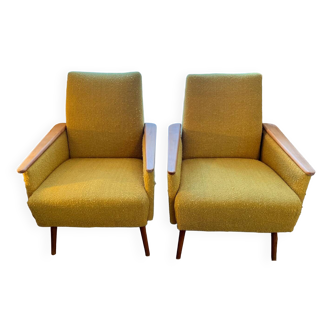 Magnifique Paire de fauteuils jaune tissu bouclette année 60