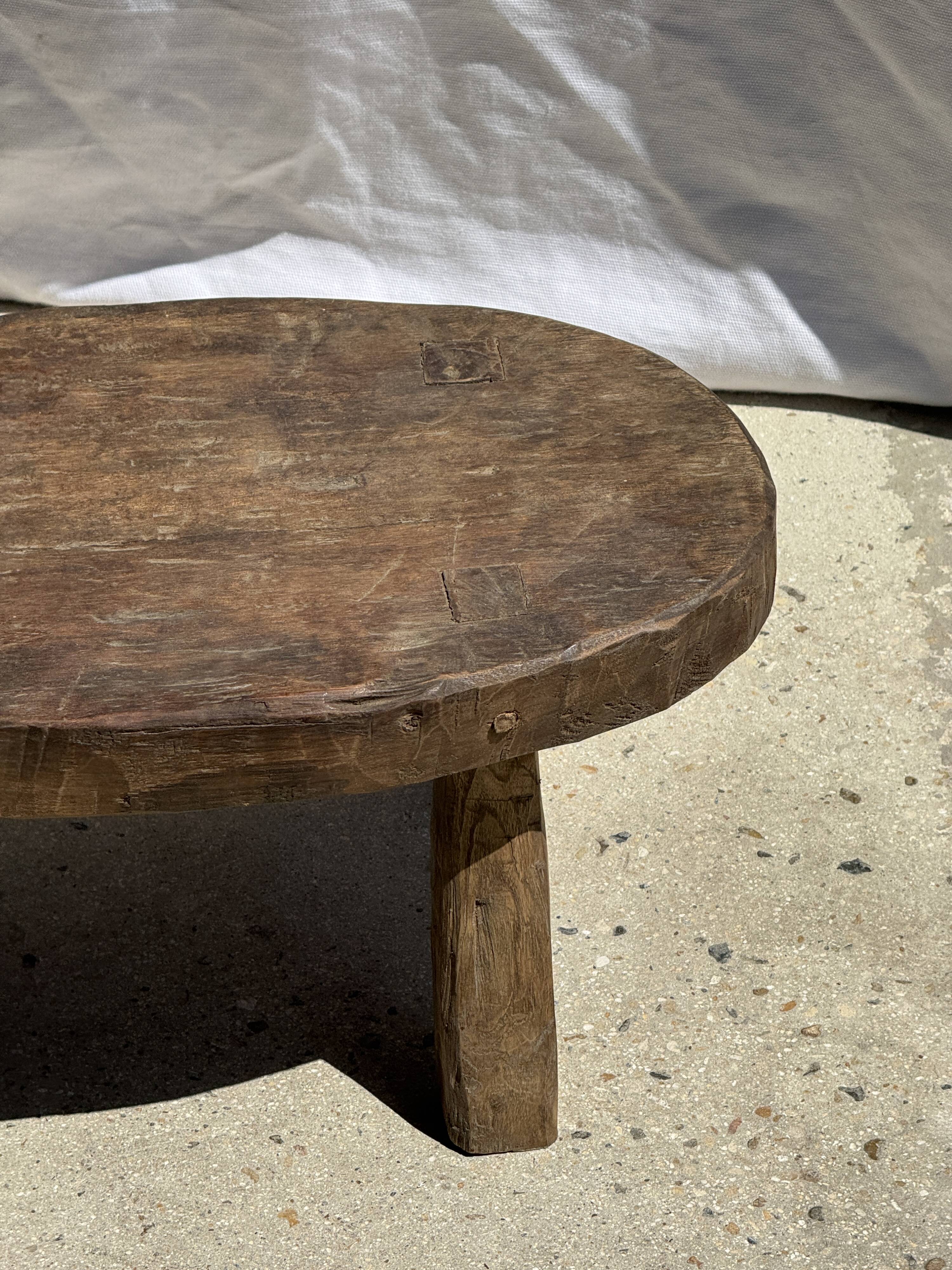 Small stool or small oval side table in solid teak wabi-sabi H24 53