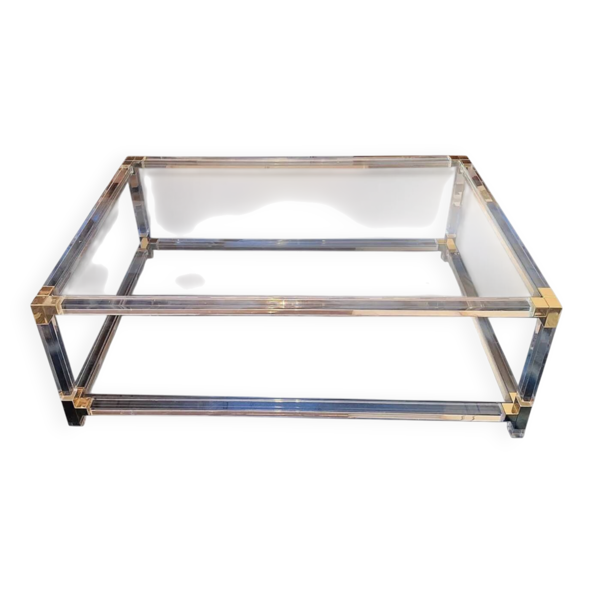 Large Italian 2-level coffee table in lucite, glass and gilt brass, 1970-80