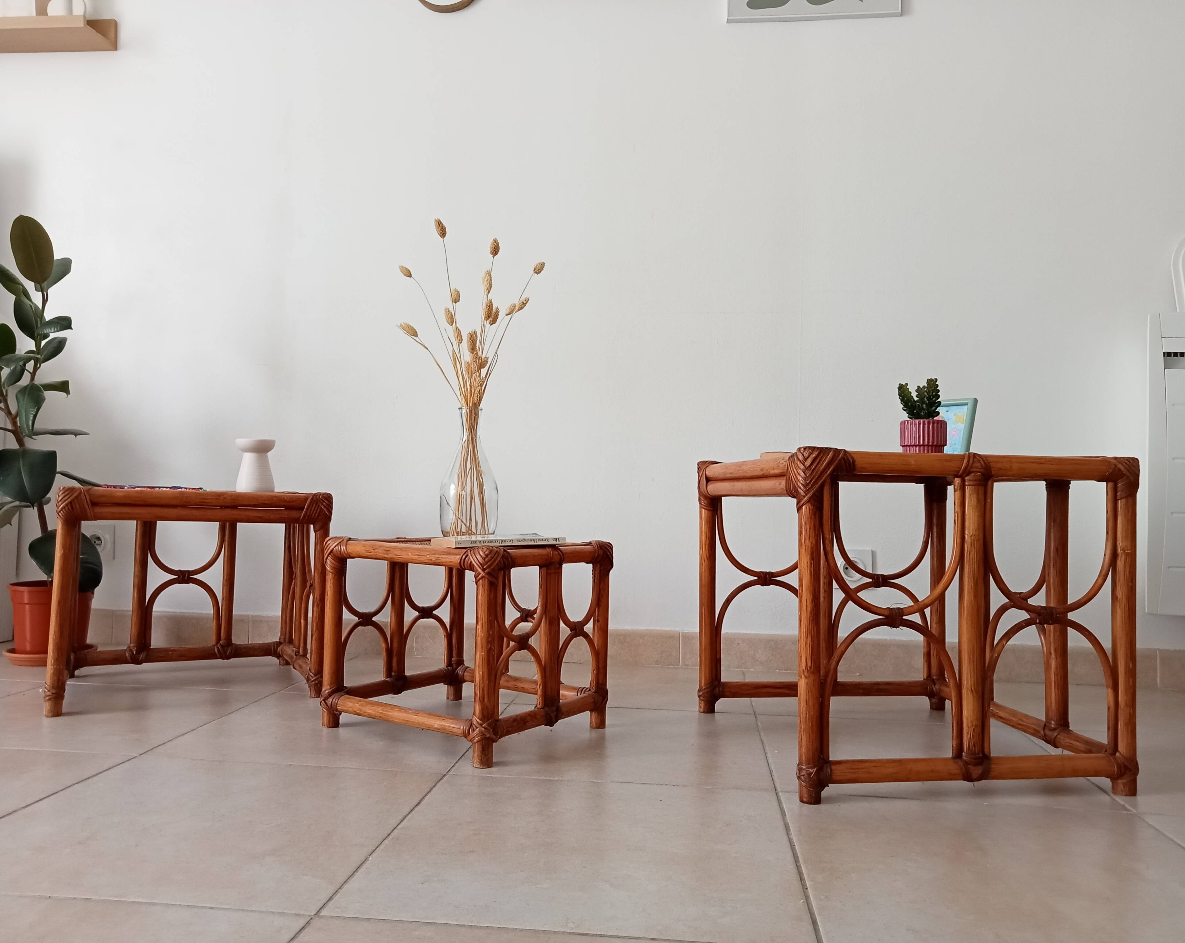 Set of 3 vintage nesting tables in bamboo and woven rattan