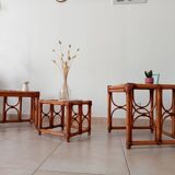Set of 3 vintage nesting tables in bamboo and woven rattan