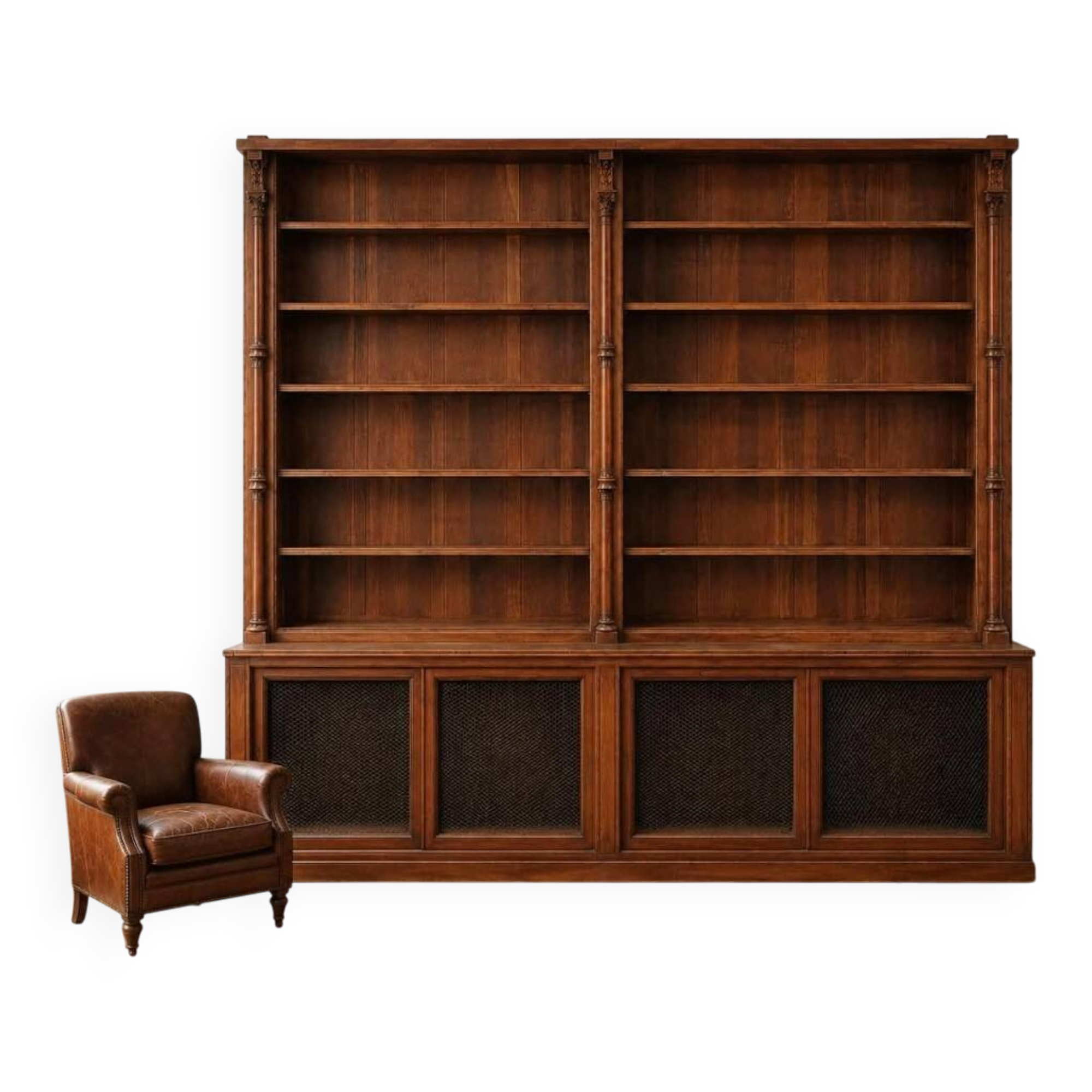 Imposing two-body buffet/library in solid oak and walnut from the Napoleonic III period.