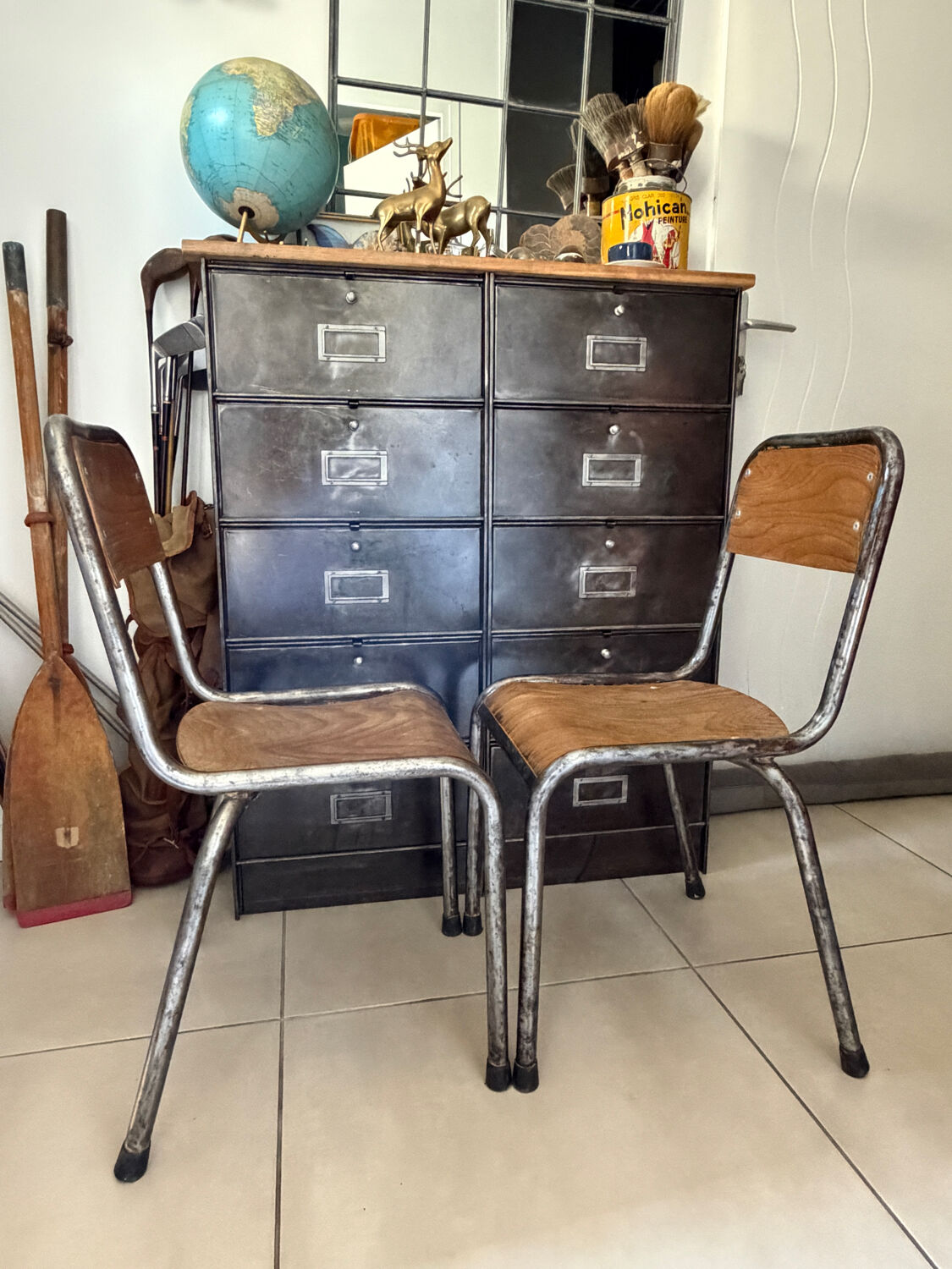 Pair of vintage adult school chairs in patinated metal