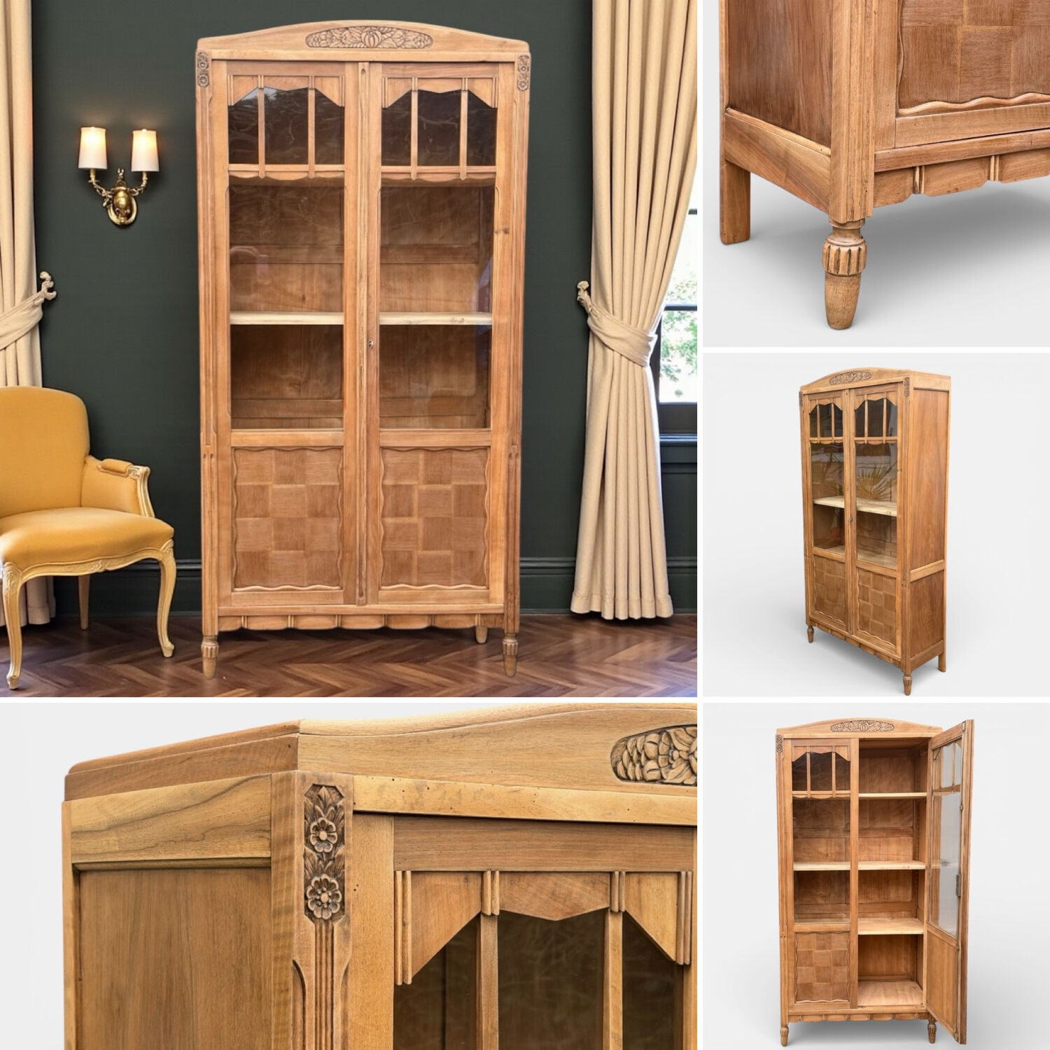 Parisian glass-fronted Art Deco wardrobe in solid raw walnut.