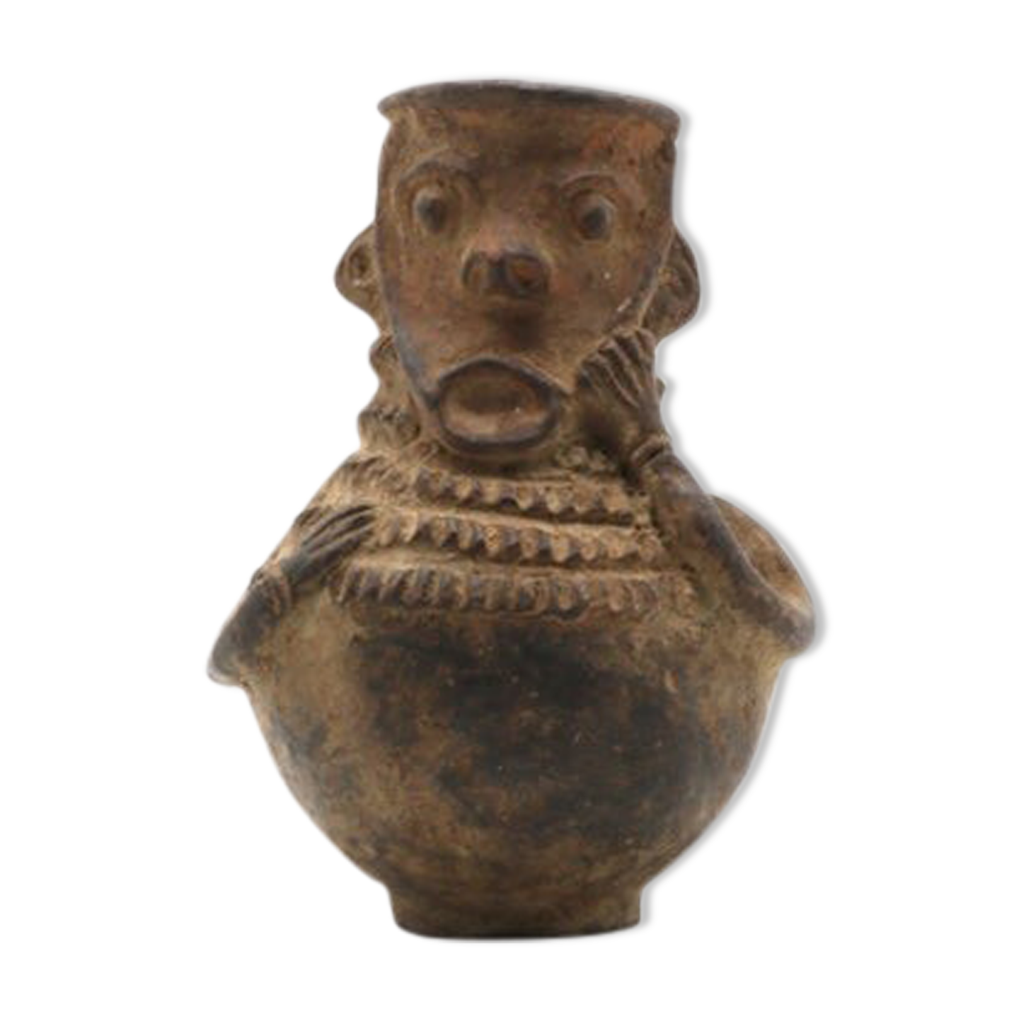 Mangbetu pottery container with hermaphrodite ancestor