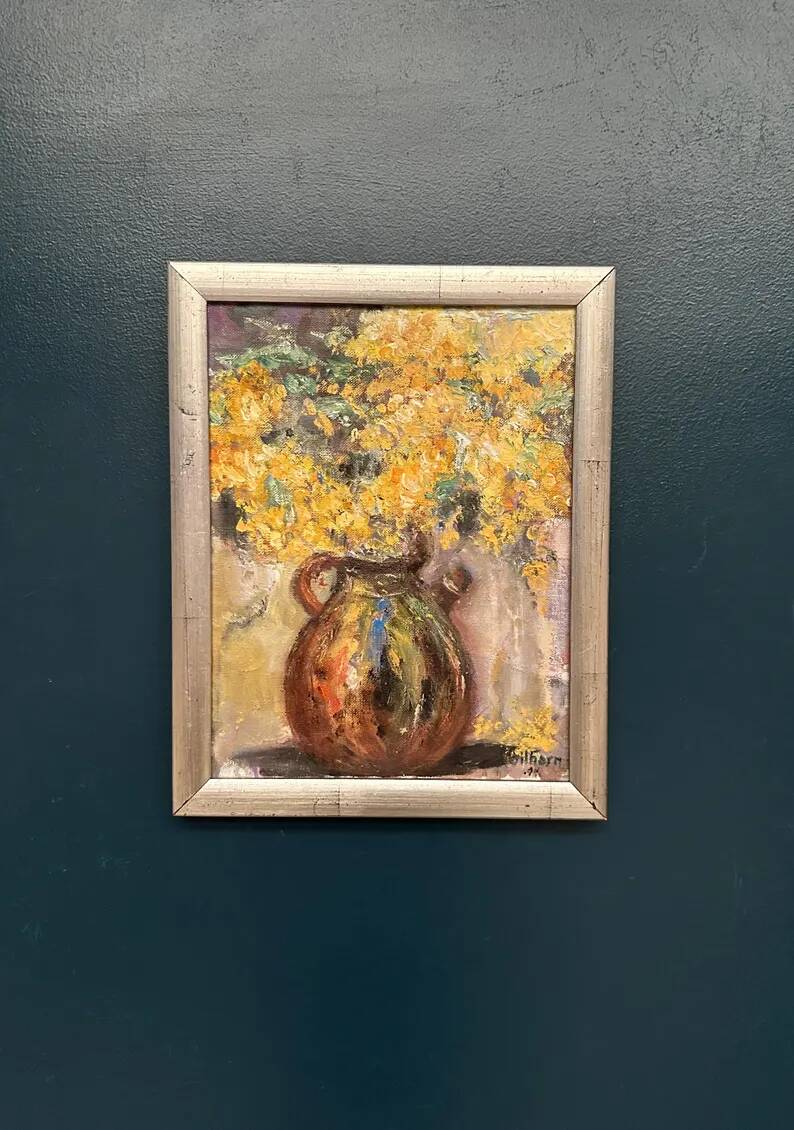 Original Swedish Oil on Canvas – “Vessel with Mimosa” by Monica Gilhorn – Signed – Vintage & Framed – 40 × 31.5 cm (15.7" × 12.4")