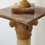 Vintage Neoclassical Alabaster Column and Lamp with Silken Lampeshade-60s