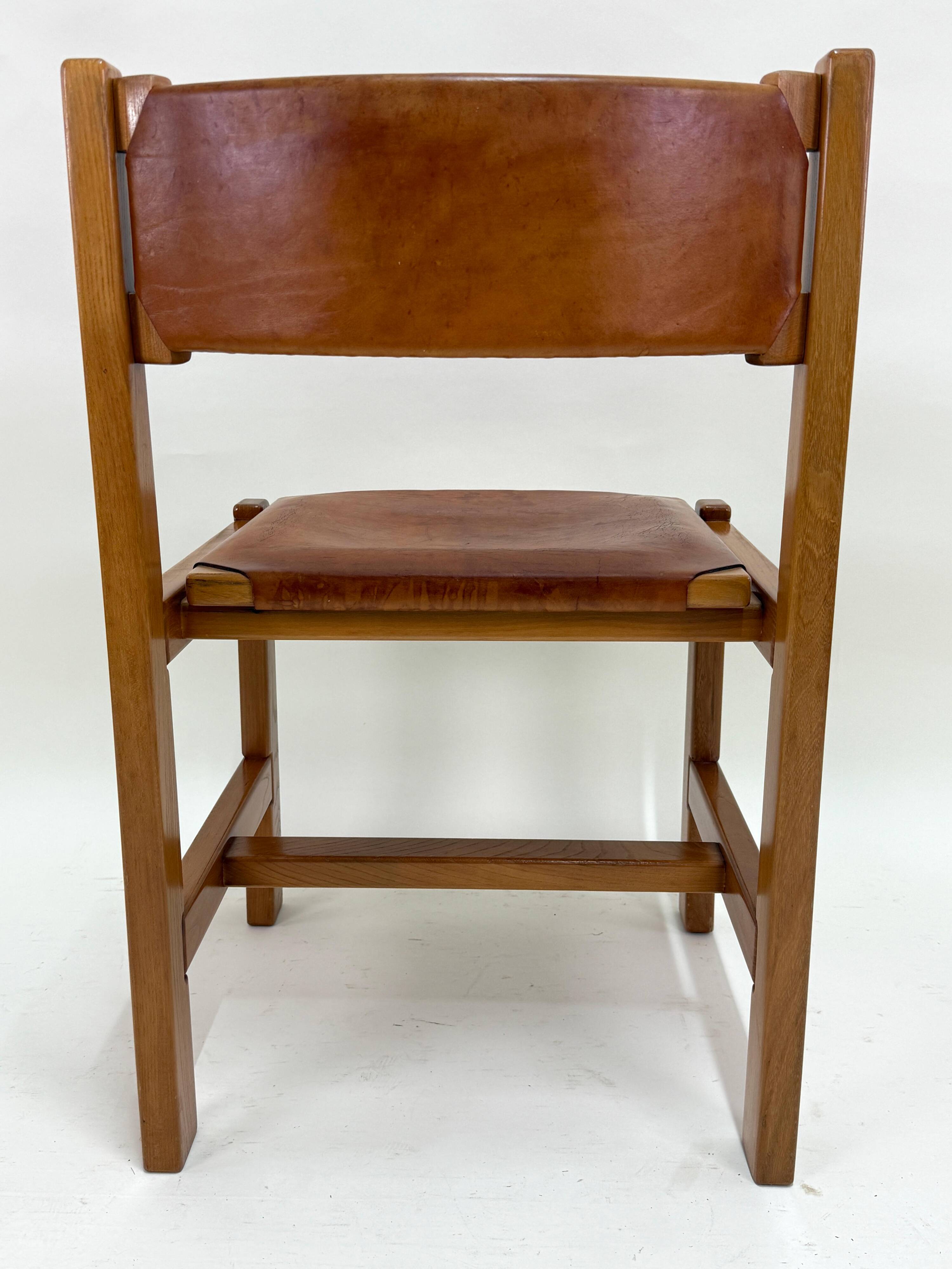 Set of 6 Maison Regain Chairs - Solid Elm and Fawn Leather - Circa 70