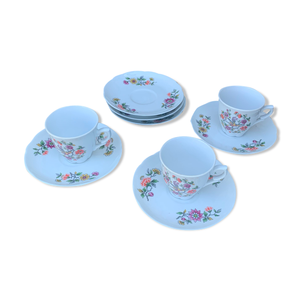 3 tasses et 6 soucoupes en porcelaine FD Chauvigny motif oiseau et fleurs anciennes