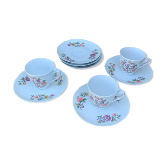 3 tasses et 6 soucoupes en porcelaine FD Chauvigny motif oiseau et fleurs anciennes