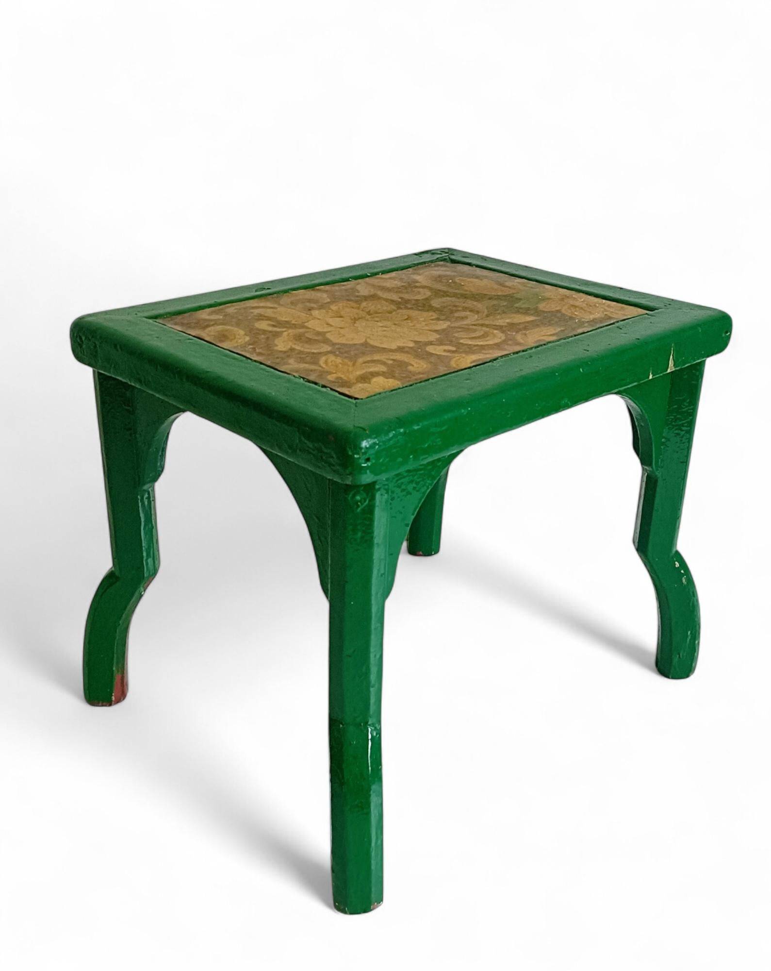 Antique Painted Accent Table with Vintage Floral Top, Bohemian Style