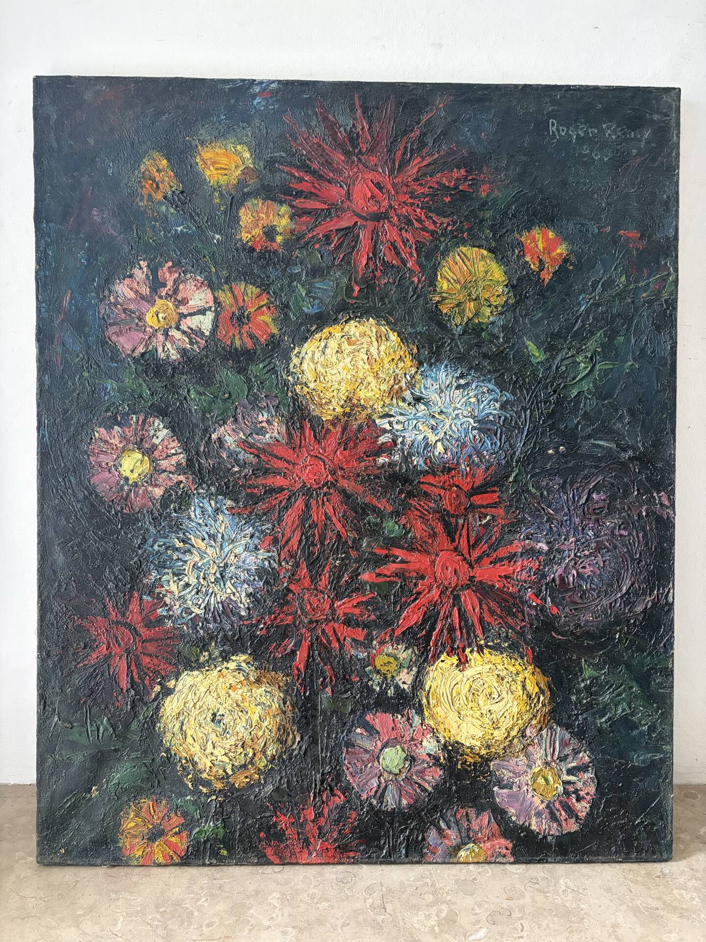 Flowers, knife oil, signed Roger Remy 1960