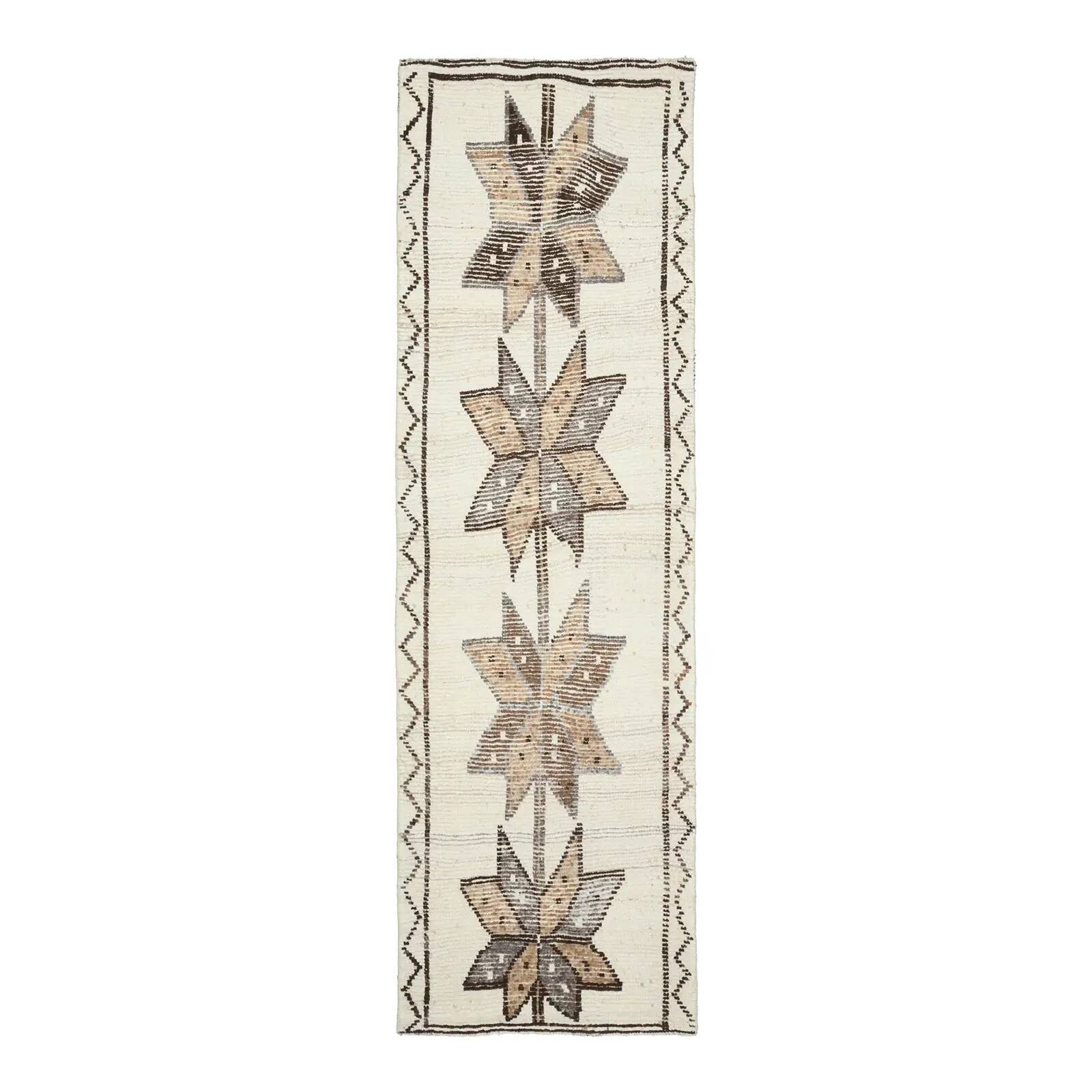 1970s vintage Turkish Oushak handmade wool cotton white runner rug 98x320