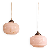 Pair of Art Deco pendant lights in pink marbled opaline, 1920s-30s