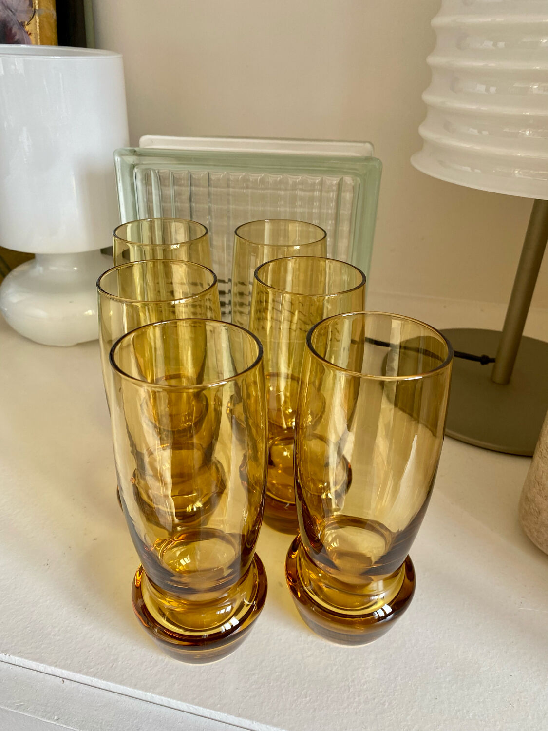 6 amber blown glass water glasses