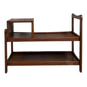 Ancien meuble de téléphone en bois et assise en tissu suède orange – Midcentury modern