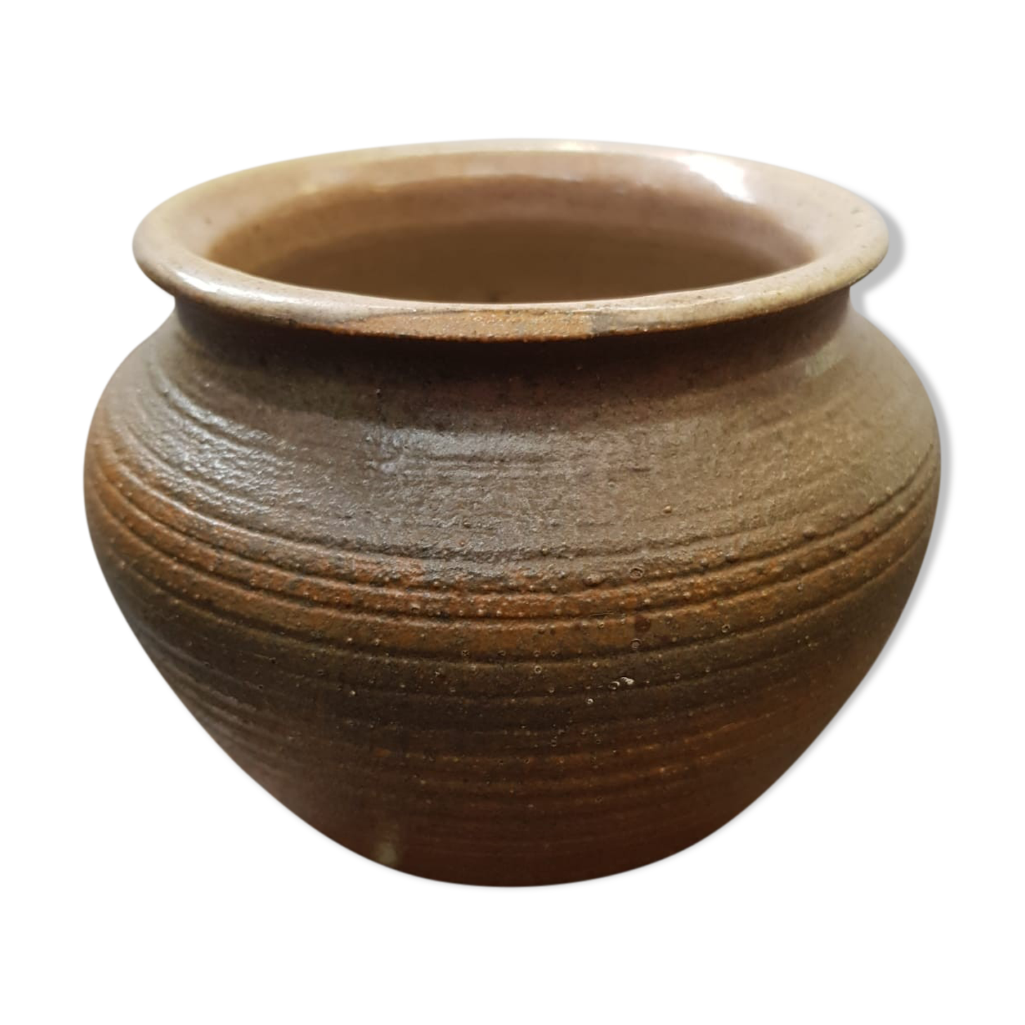 Old Vase SOULAINES DHUYS.  Signed ROYER.  Vase in Enamelled Sandstone.  Color Brown Beige Diameter at