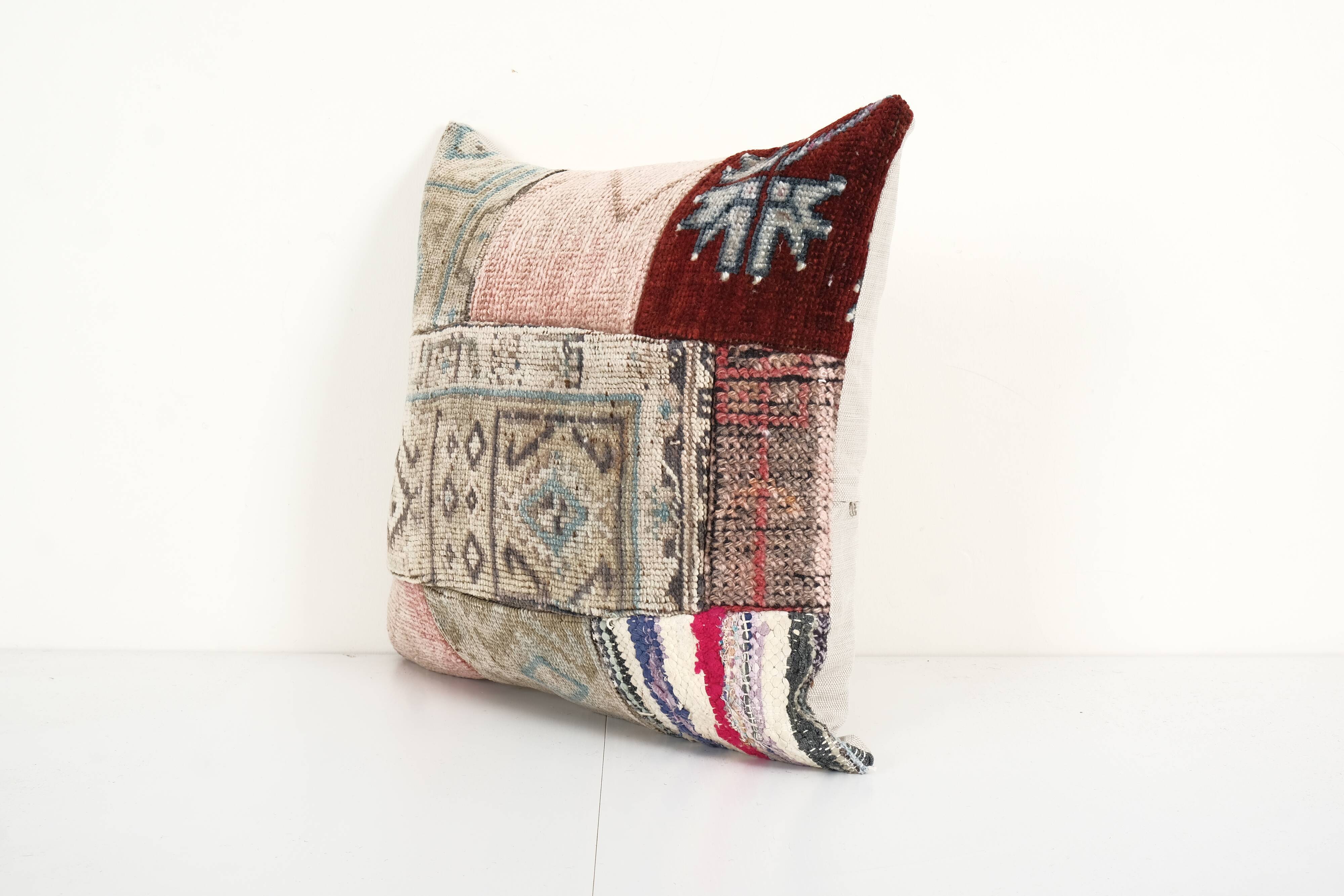 Square Patchwork Kilim Rug Lumbar Pillow Cover, Vintage Wool Kelim Cushion, Tribal Farmohuse Decor