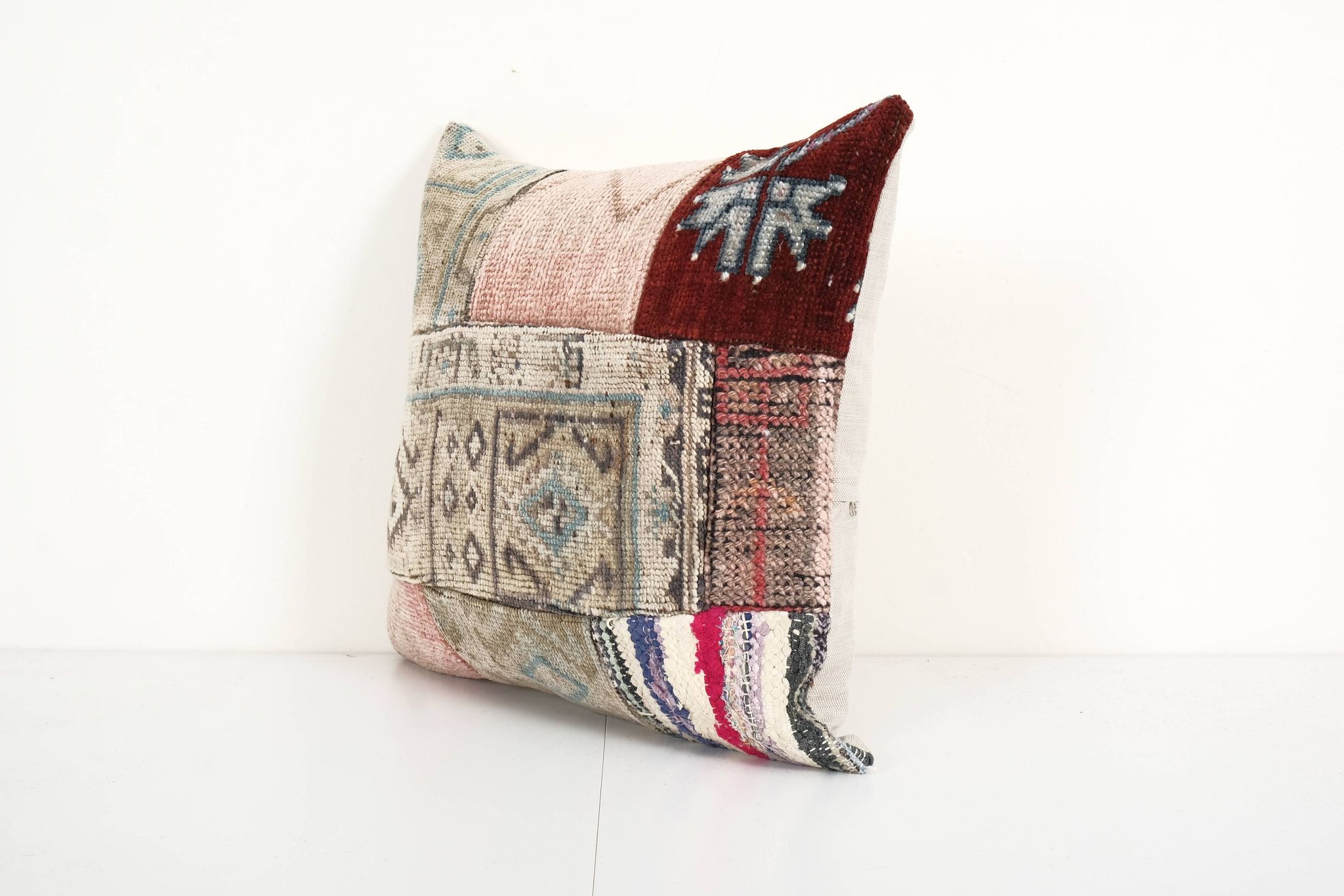 Square Patchwork Kilim Rug Lumbar Pillow Cover, Vintage Wool Kelim Cushion, Tribal Farmohuse Decor