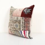 Square Patchwork Kilim Rug Lumbar Pillow Cover, Vintage Wool Kelim Cushion, Tribal Farmohuse Decor