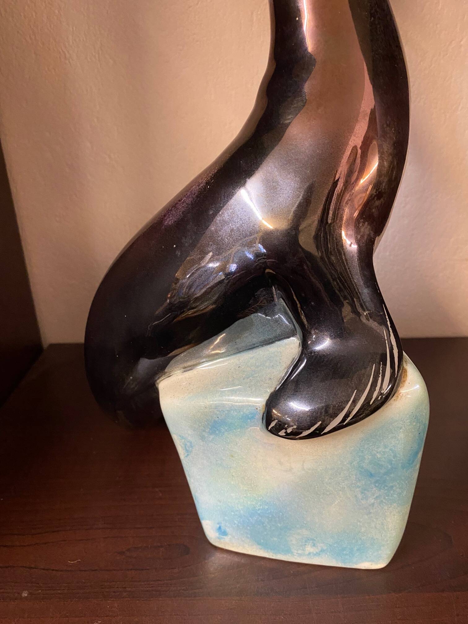 1950s Ceramic Sea Lion Lamp with Black Varnished Enamel, Signed