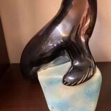 1950s Ceramic Sea Lion Lamp with Black Varnished Enamel, Signed
