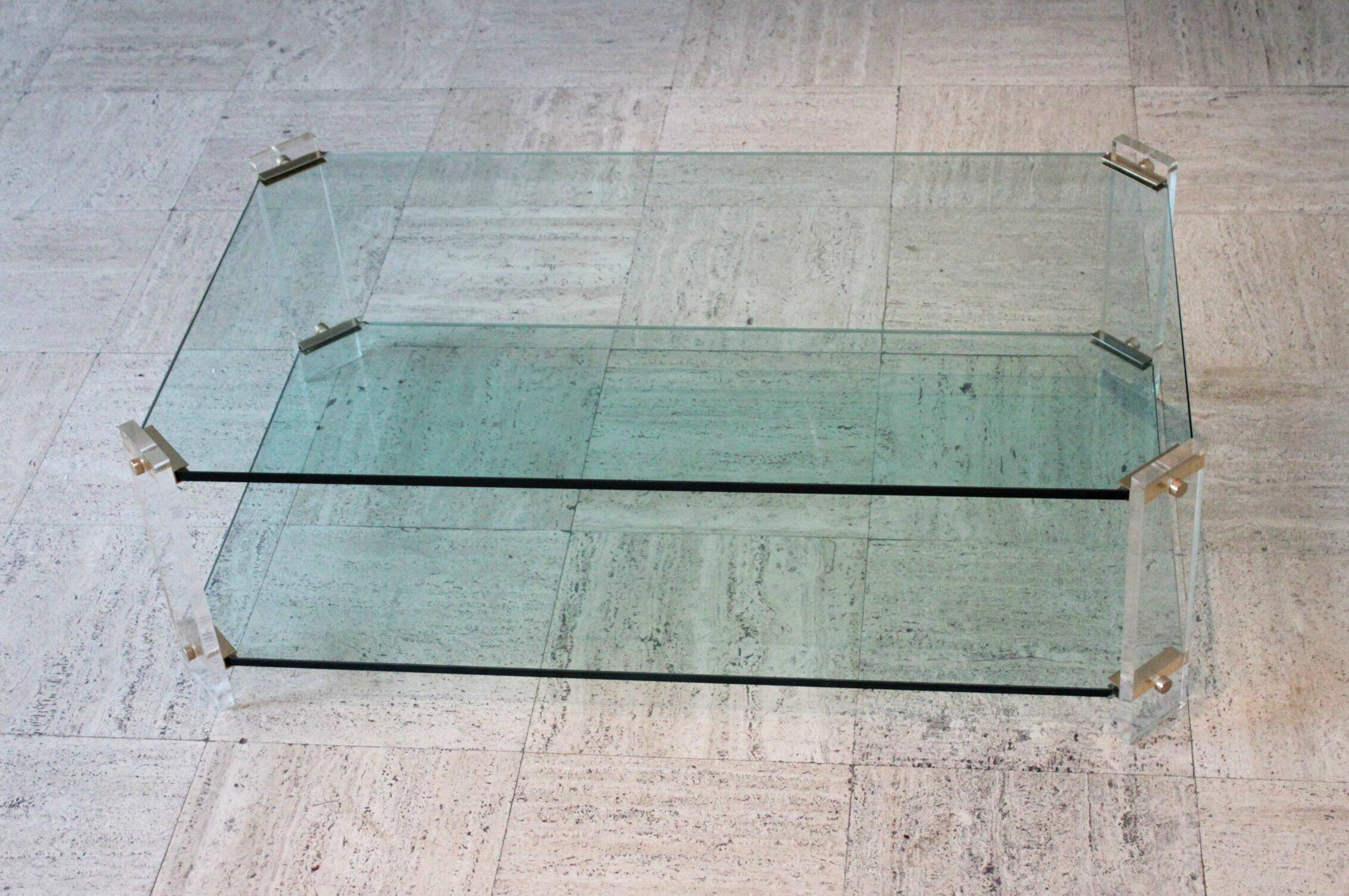 Glass and brass coffee table, Hollywood Regency style, 70's.