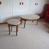 Table basse Ronde-Bois sculpté-Marbre blanc veiné-Style régence/louis XV