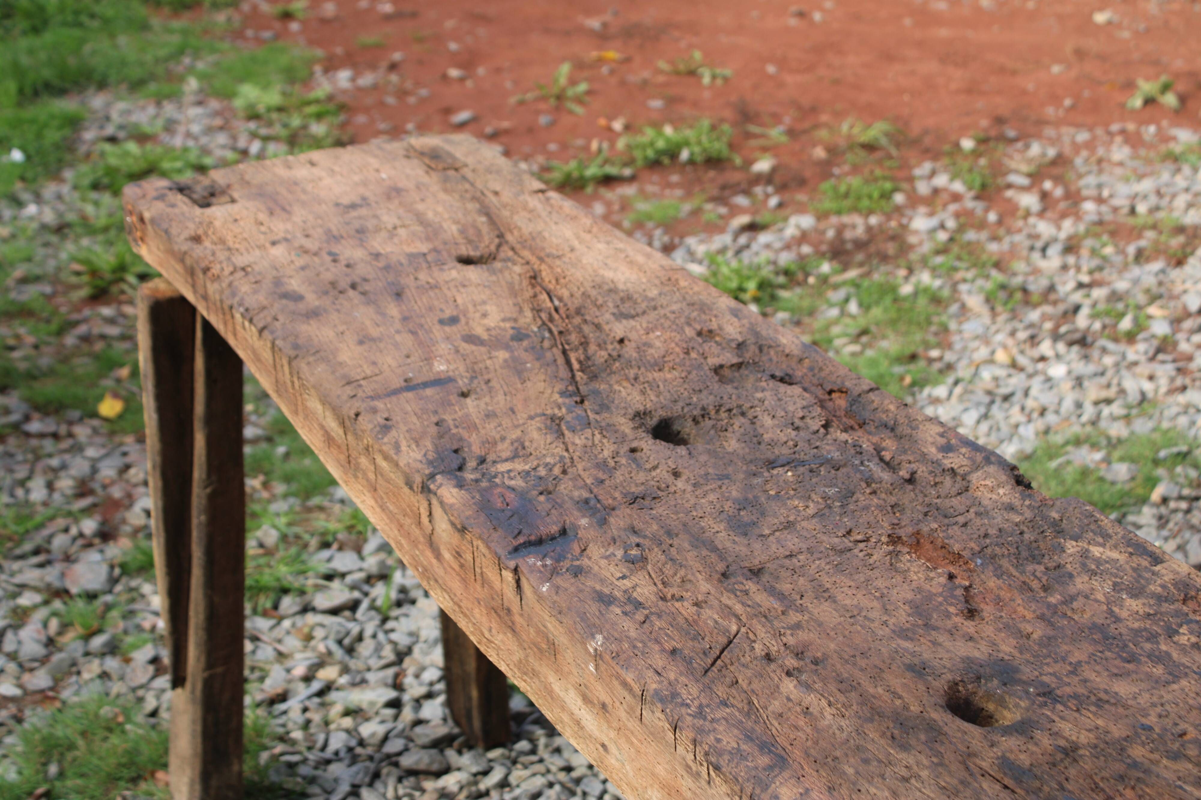 Old solid wood workbench – character console, thick top – 165 cm