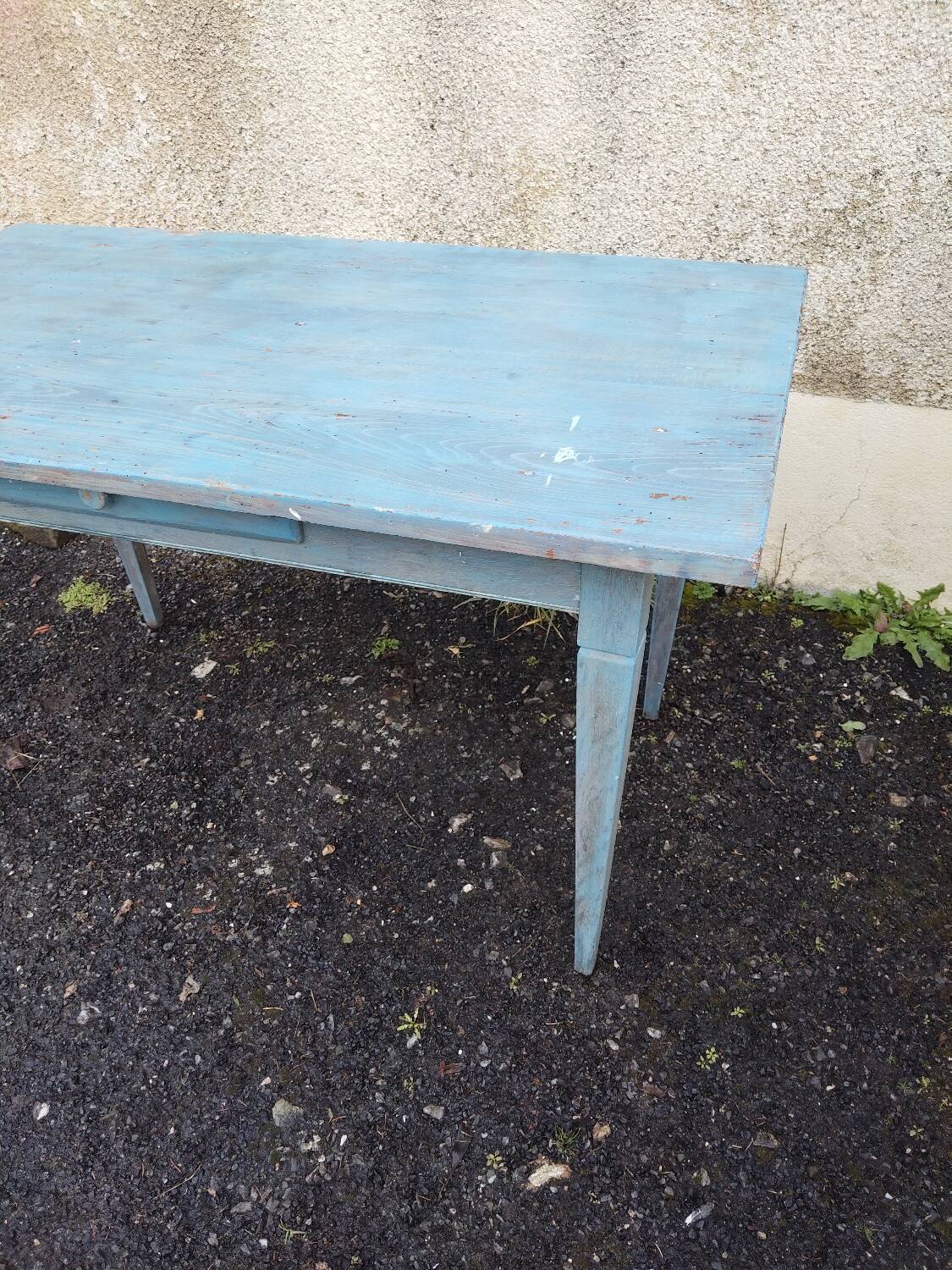 Antique table with spindle legs, patinated in celadon blue – solid wood – 19