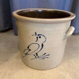 Varnished stoneware pot cover colbalt blue bird decor with small ears